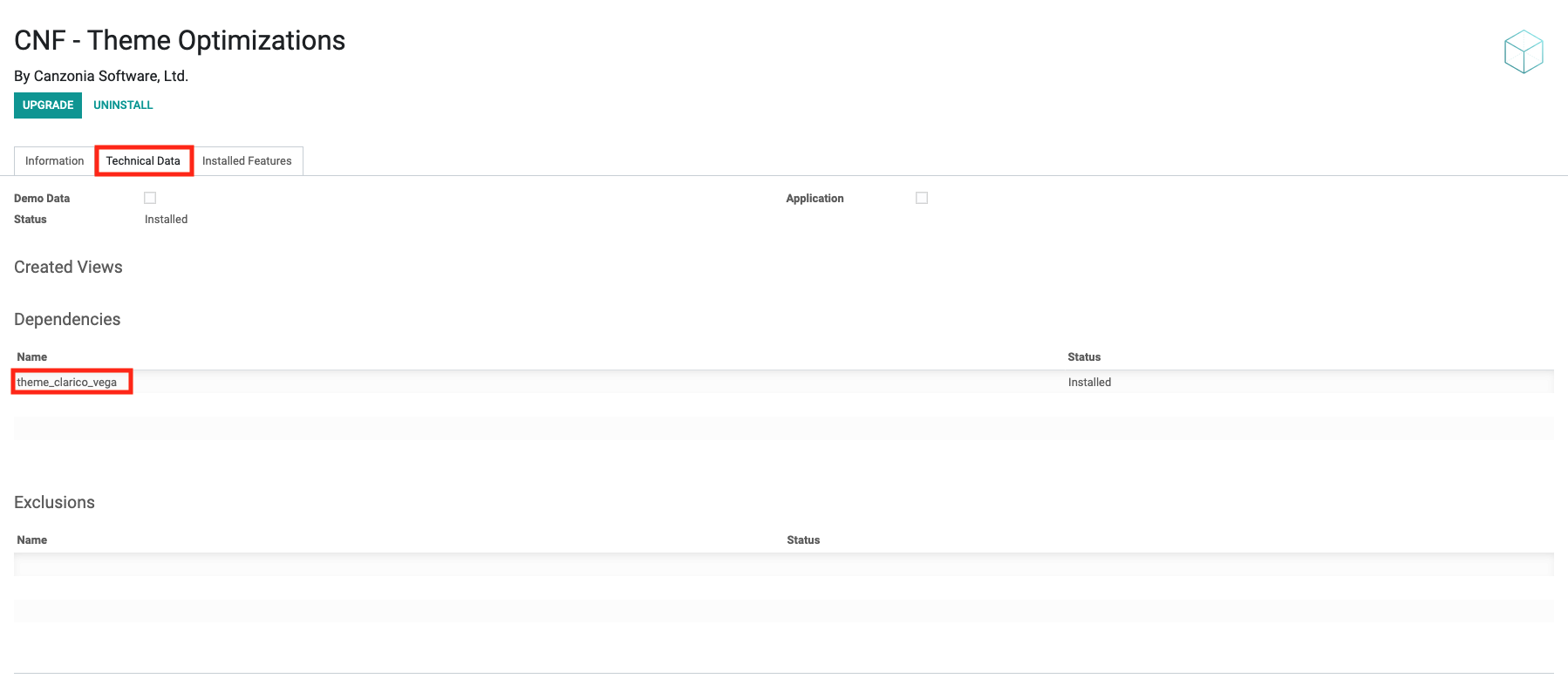 Technical data tab
